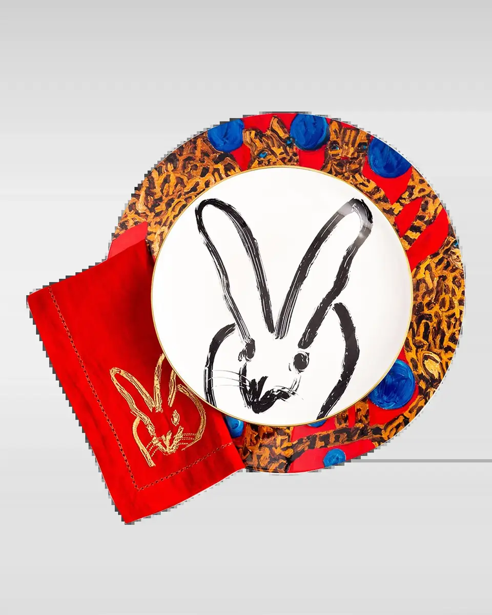 Hunt Slonem Painted Bunny Embroidered Dinner Napkin, Red/Gold | Thumbnail 2