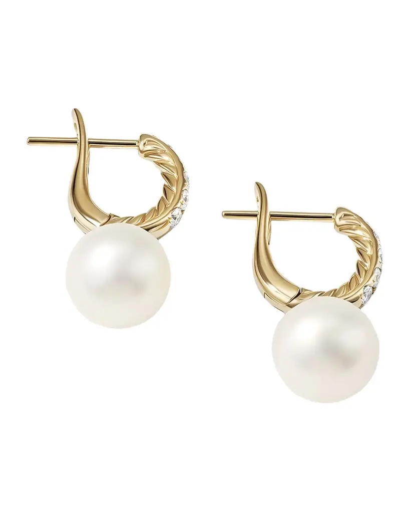 Pearl and Pave Drop Earrings with Diamonds in 18K Gold, 9mm, 0.61"L Pearl and Pave Drop Earrings with Diamonds in 18K Gold, 9mm, 0.61"L