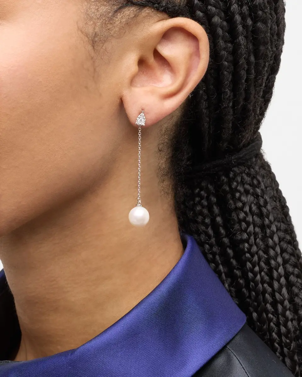 18K White Gold Diamond Pendant Earrings with Freshwater Pearls 18K White Gold Diamond Pendant Earrings with Freshwater Pearls