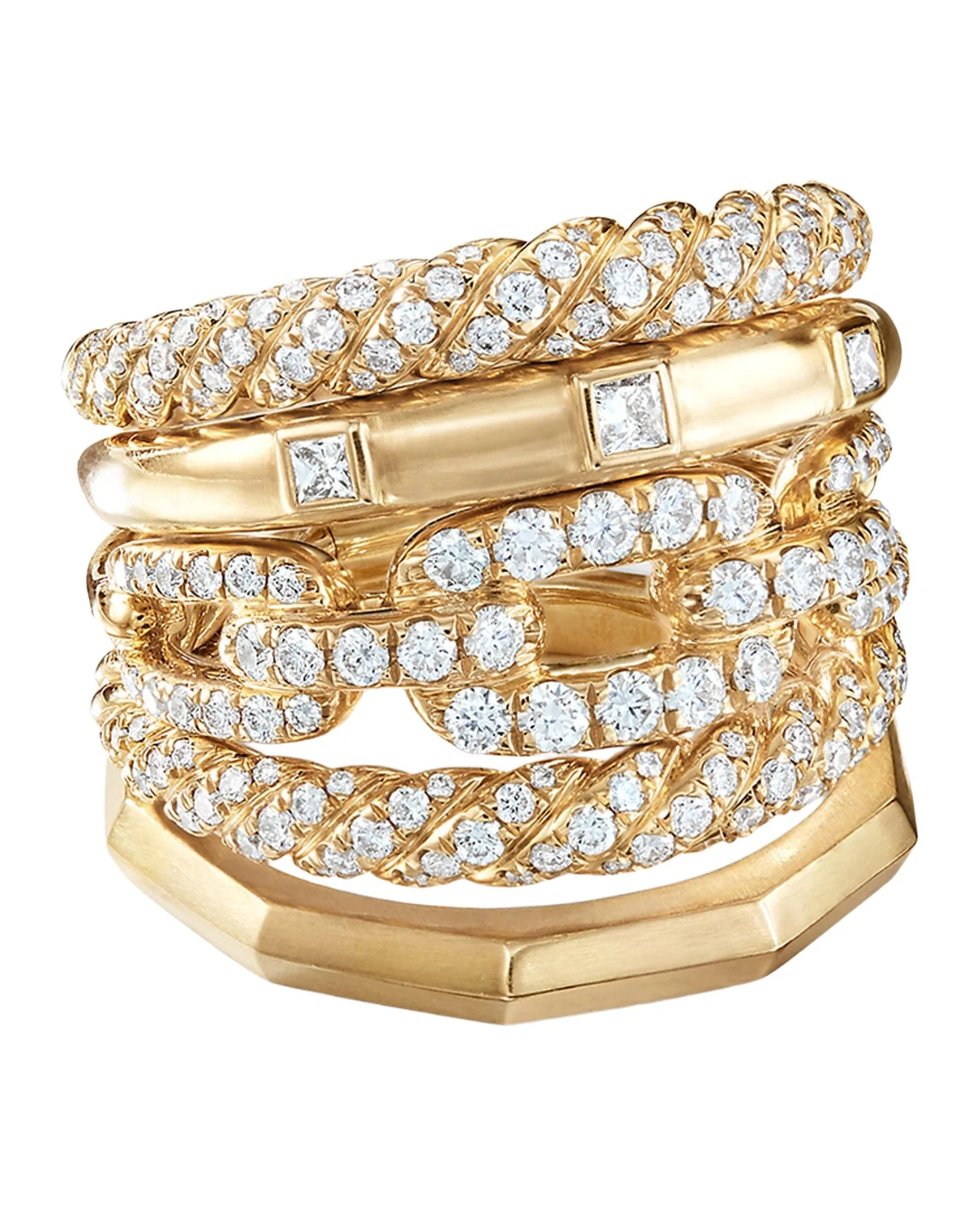 Stax Five Row Ring in 18K Yellow Gold with Diamonds, 21mm