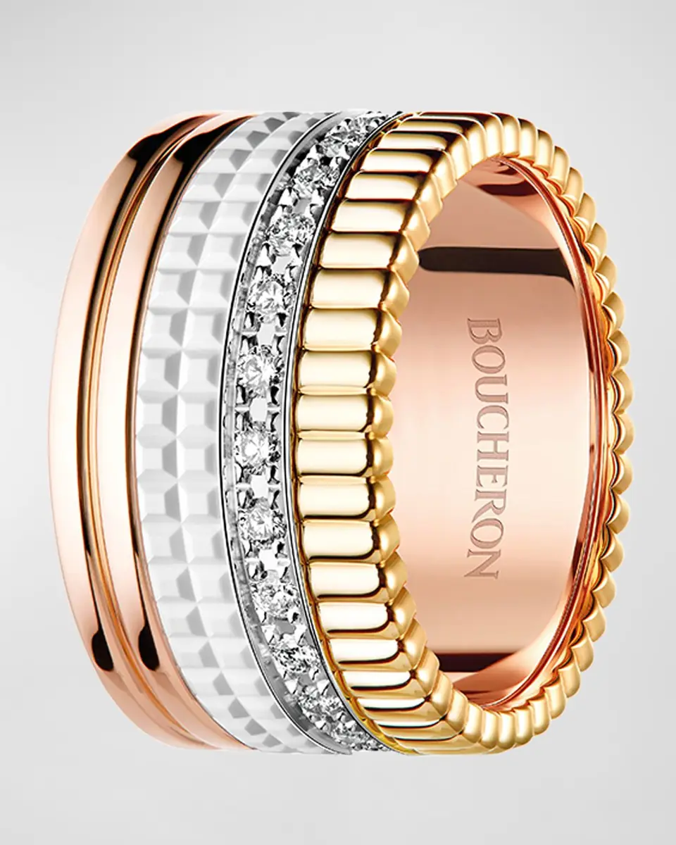 Boucheron Quatre Large Ring in Tricolor Gold with White Ceramic and Diamonds, Size 54 | Thumbnail 3