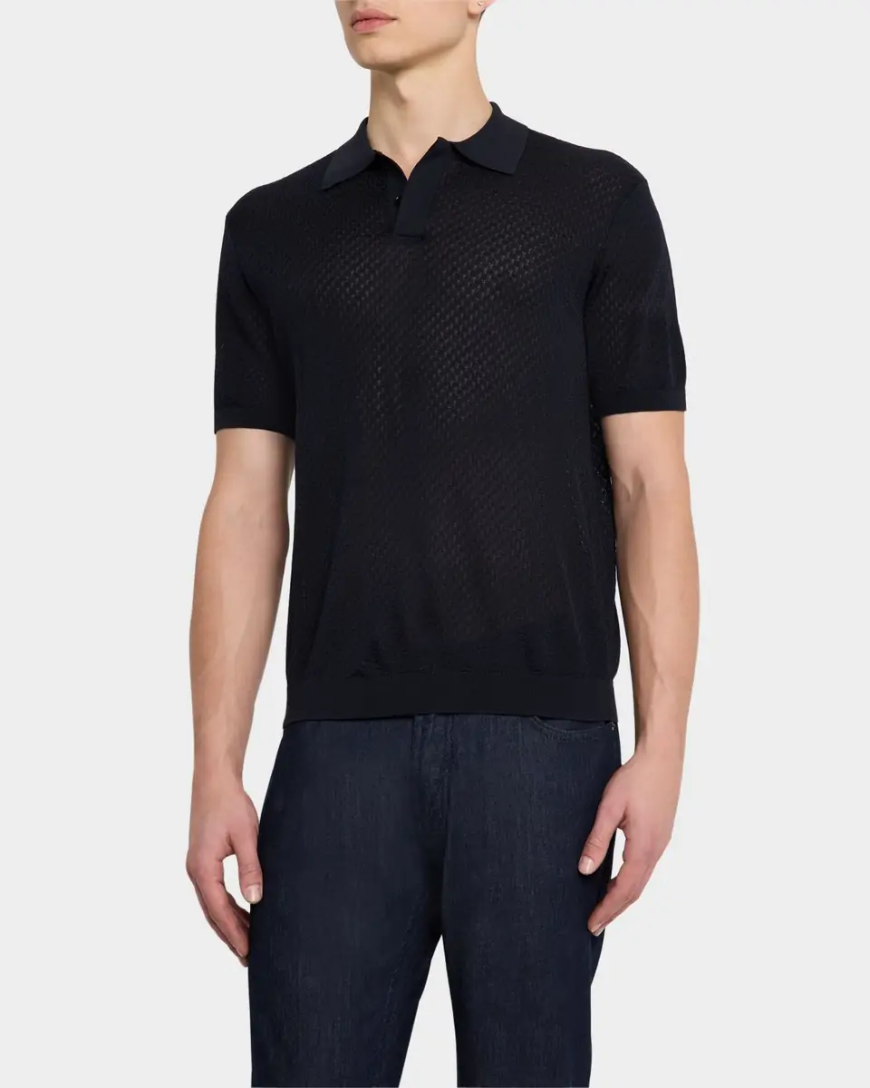 Emporio Armani Men's Micro-Jacquard Short-Sleeve Polo Sweater | Thumbnail 3 Emporio Armani Men's Micro-Jacquard Short-Sleeve Polo Sweater | Thumbnail 3