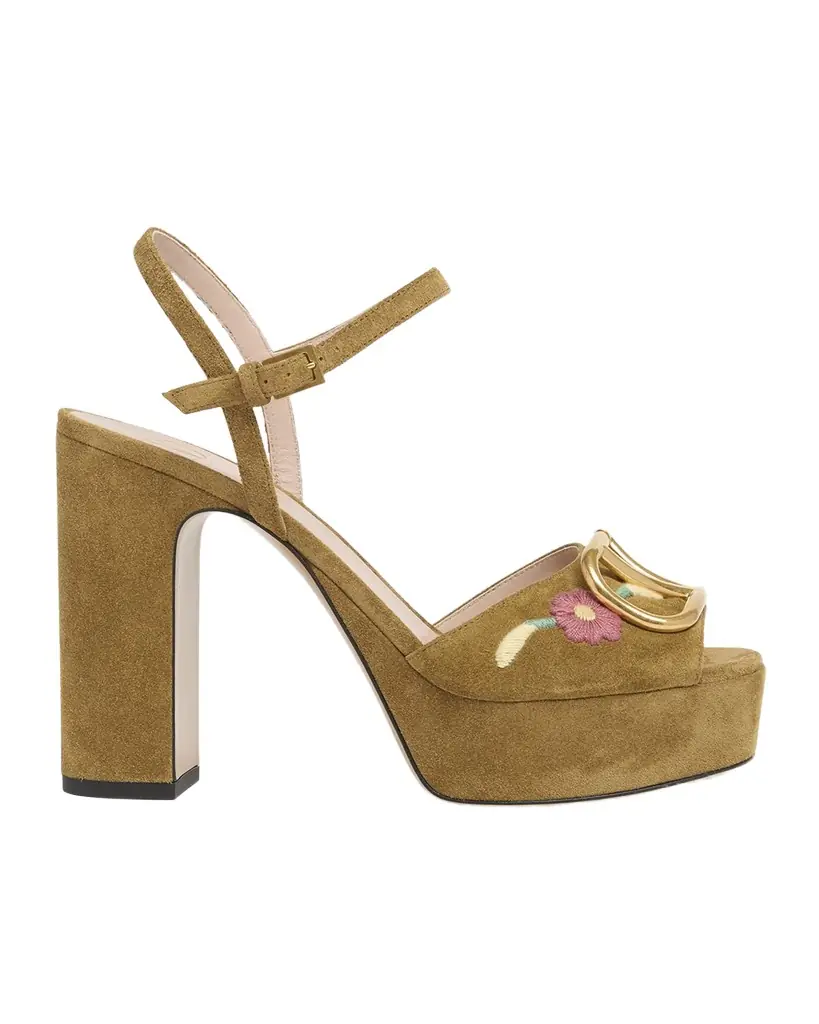 Valentino Garavani Floral Embroidered VLogo Suede Platform Sandals | Image 1 Valentino Garavani Floral Embroidered VLogo Suede Platform Sandals | Image 1