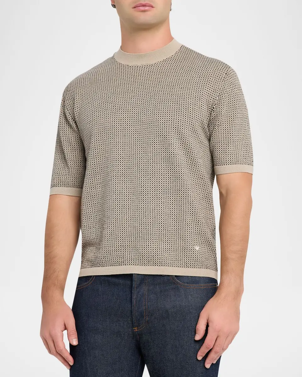 Emporio Armani Men's Micro-Dot Knit Short-Sleeve Crewneck Sweater | Thumbnail 4 Emporio Armani Men's Micro-Dot Knit Short-Sleeve Crewneck Sweater | Thumbnail 4