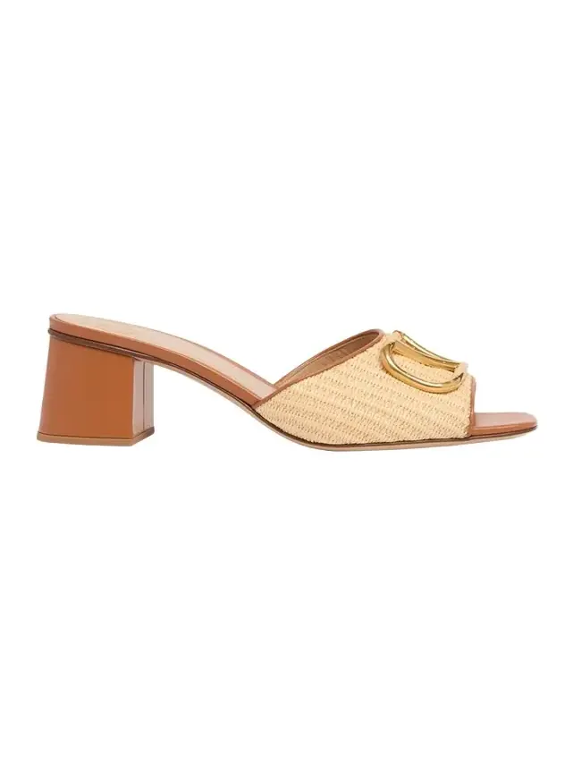 VLogo Signature Leather and Raffia Mule Sandals