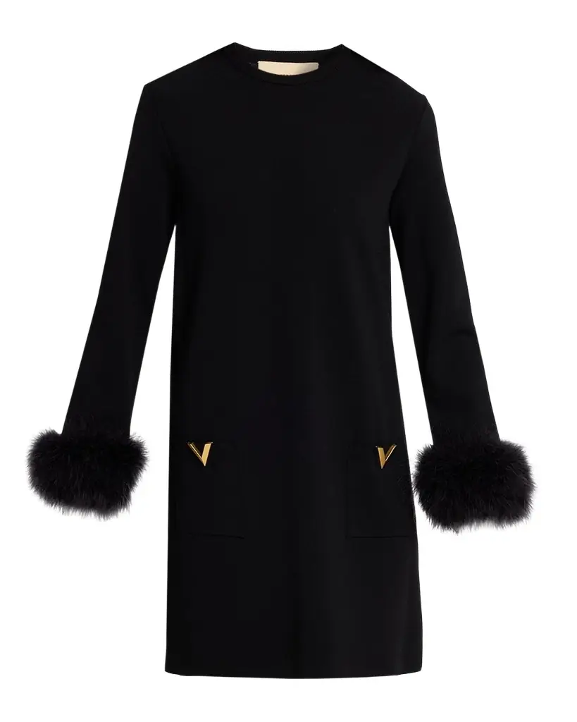Valentino Garavani Feather-Cuffs Knit Mini Shift Dress | Image 1 Valentino Garavani Feather-Cuffs Knit Mini Shift Dress | Image 1