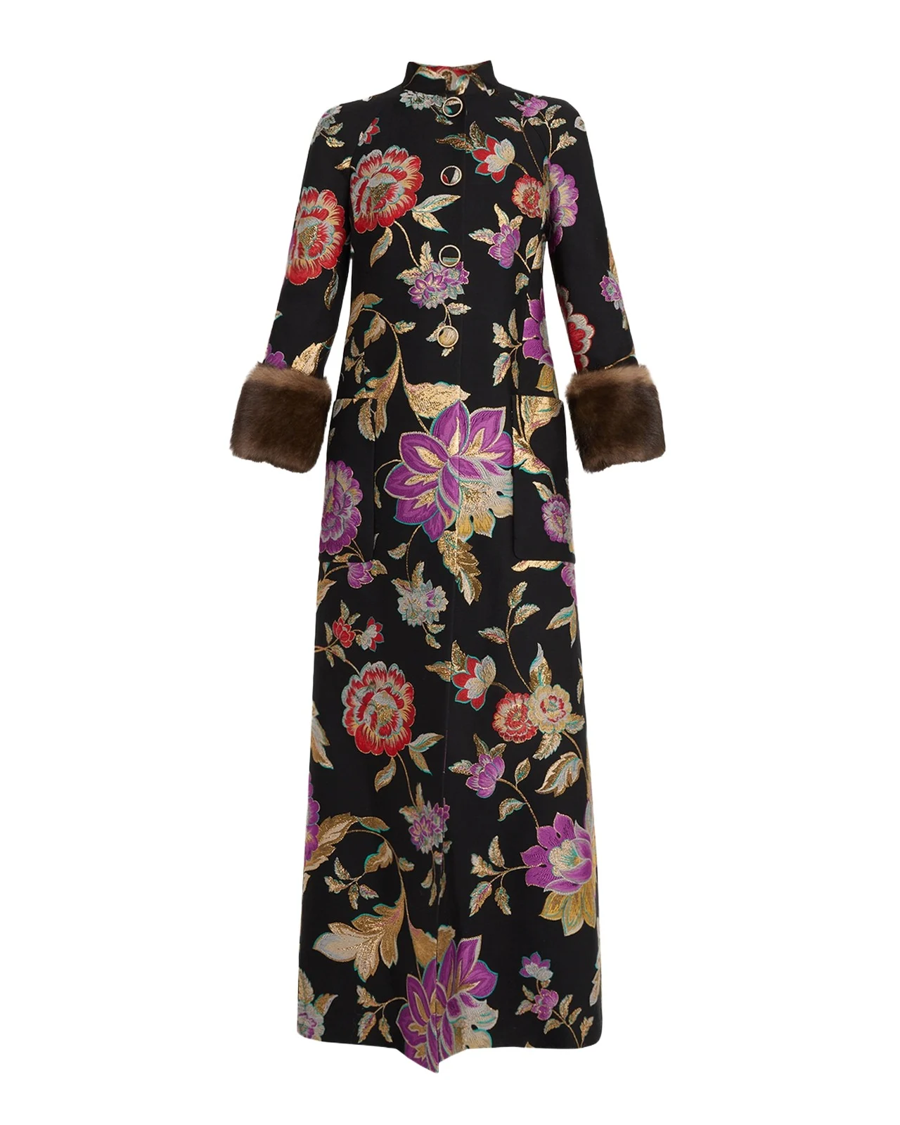 Sheep Shearling-Cuffs Metallic Floral Jacquard Long Coat