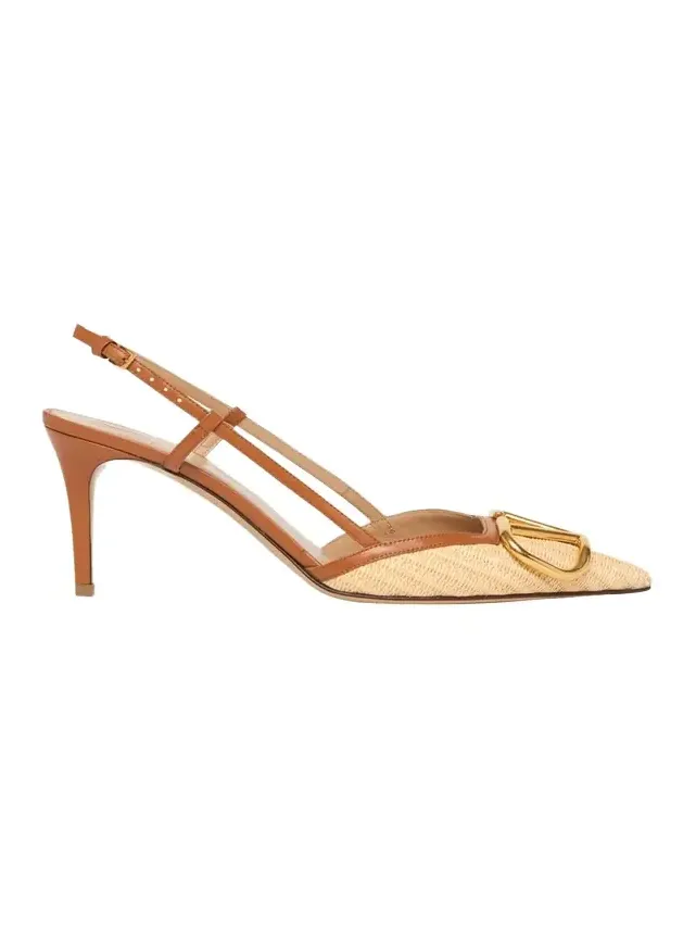 80mm VLogo Signature Leather and Raffia Slingback Pumps 80mm VLogo Signature Leather and Raffia Slingback Pumps