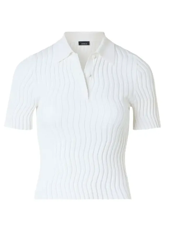 Zigzag Rib Knit Short-Sleeve Polo Sweater Zigzag Rib Knit Short-Sleeve Polo Sweater