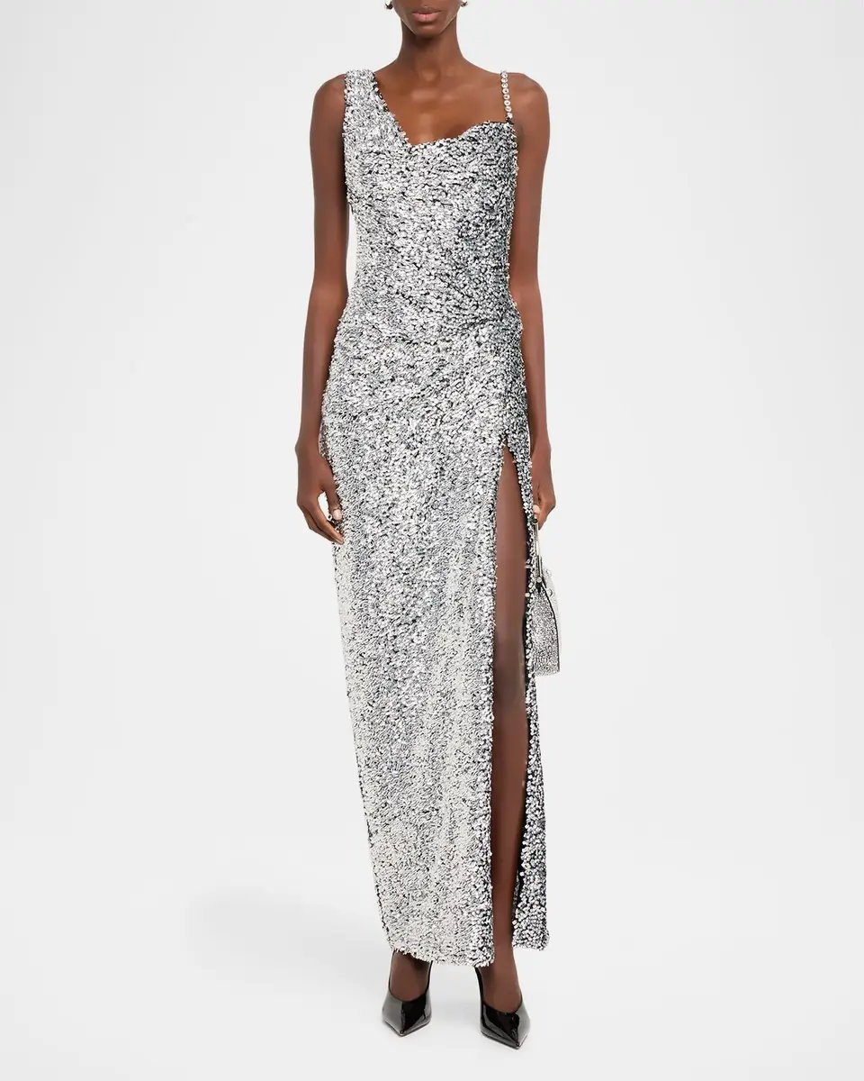 AREA Asymmetric Crystal-Strap Full Sequin Gown | Thumbnail 2 AREA Asymmetric Crystal-Strap Full Sequin Gown | Thumbnail 2