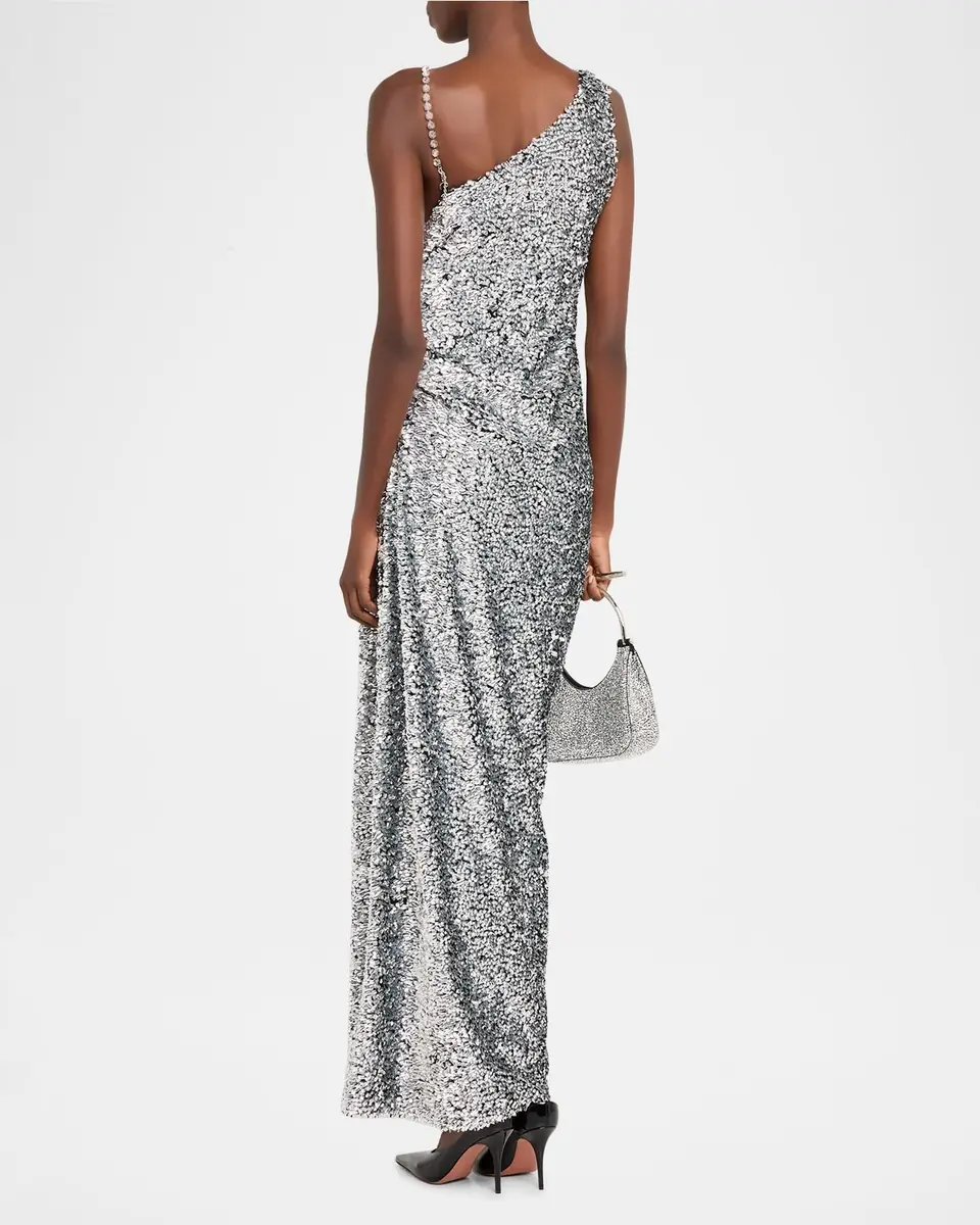 AREA Asymmetric Crystal-Strap Full Sequin Gown | Thumbnail 3 AREA Asymmetric Crystal-Strap Full Sequin Gown | Thumbnail 3