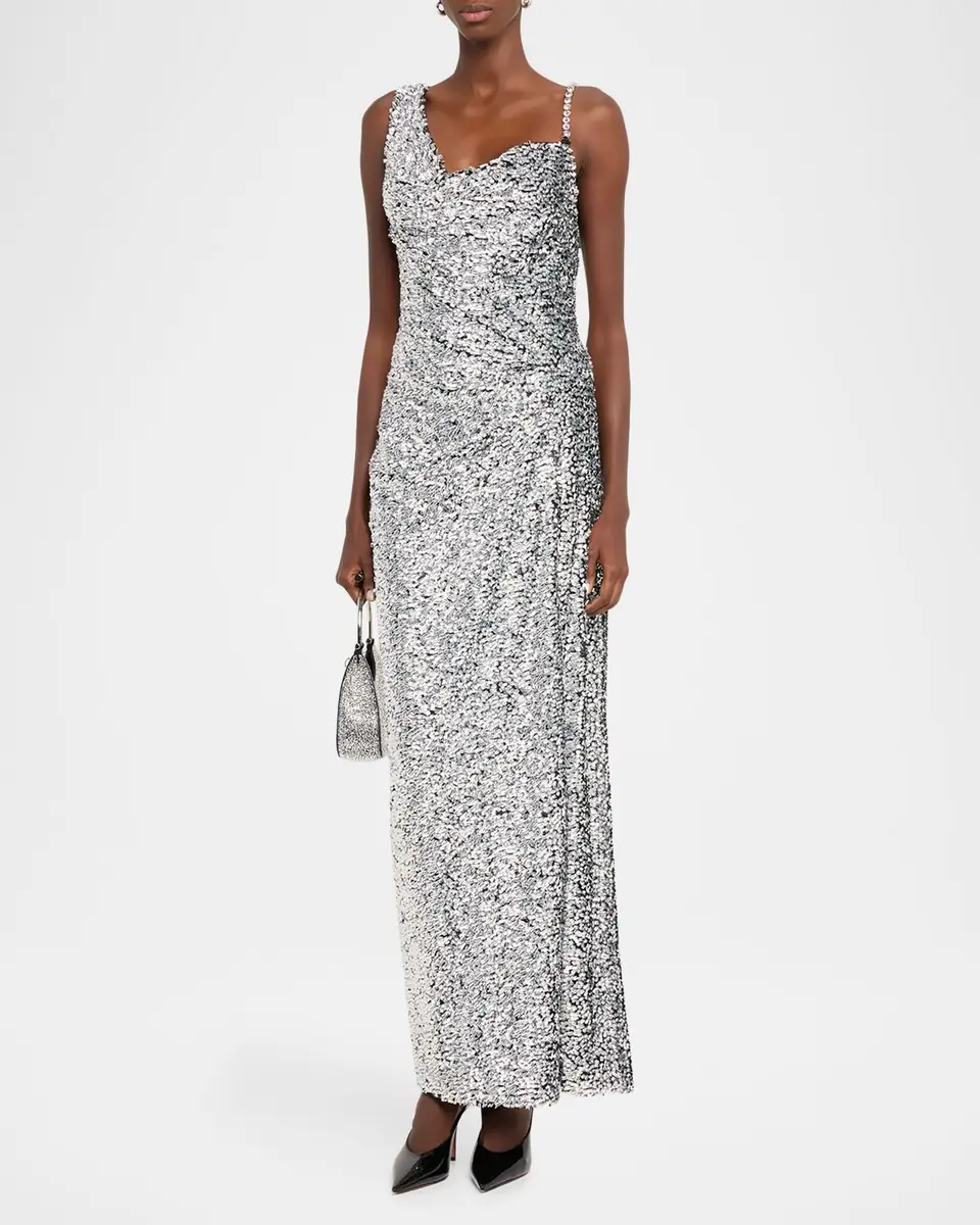AREA Asymmetric Crystal-Strap Full Sequin Gown | Thumbnail 4 AREA Asymmetric Crystal-Strap Full Sequin Gown | Thumbnail 4