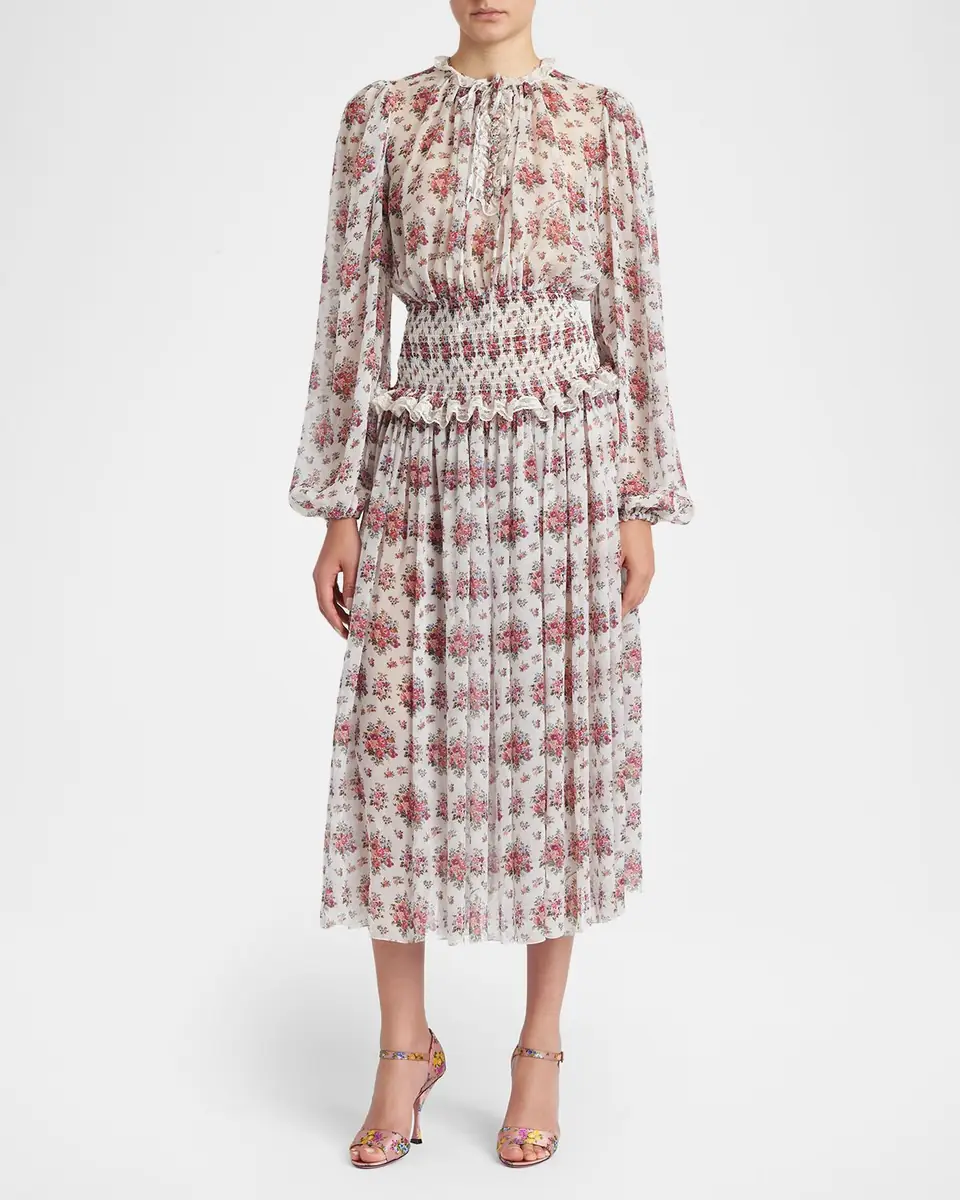 Dolce & Gabbana Floral-Print Shirred Chiffon Long-Sleeve Midi Dress | Thumbnail 2 Dolce & Gabbana Floral-Print Shirred Chiffon Long-Sleeve Midi Dress | Thumbnail 2
