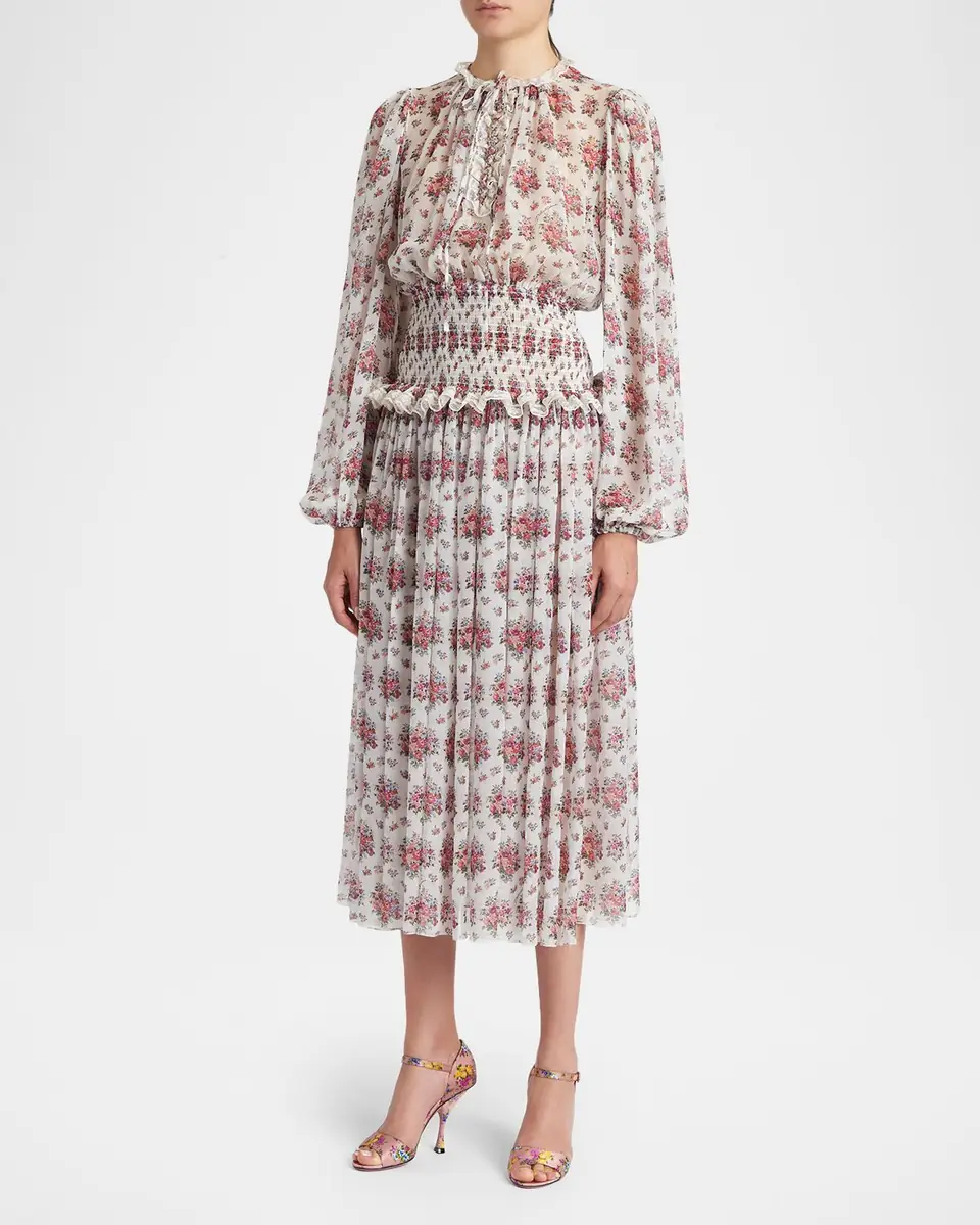 Dolce & Gabbana Floral-Print Shirred Chiffon Long-Sleeve Midi Dress | Thumbnail 4 Dolce & Gabbana Floral-Print Shirred Chiffon Long-Sleeve Midi Dress | Thumbnail 4
