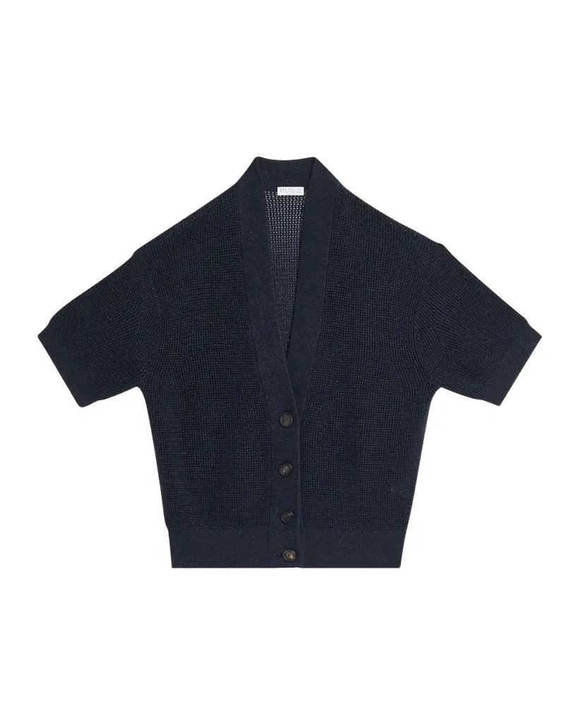 Brunello Cucinelli Shimmering Diamond Knit Short-Sleeve Cardigan | Image 1 Brunello Cucinelli Shimmering Diamond Knit Short-Sleeve Cardigan | Image 1
