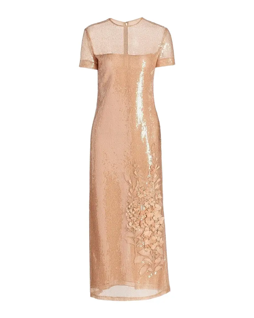 Oscar de la Renta Feather Applique Cap-Sleeve Sequined Midi Cocktail Dress | Image 1 Oscar de la Renta Feather Applique Cap-Sleeve Sequined Midi Cocktail Dress | Image 1