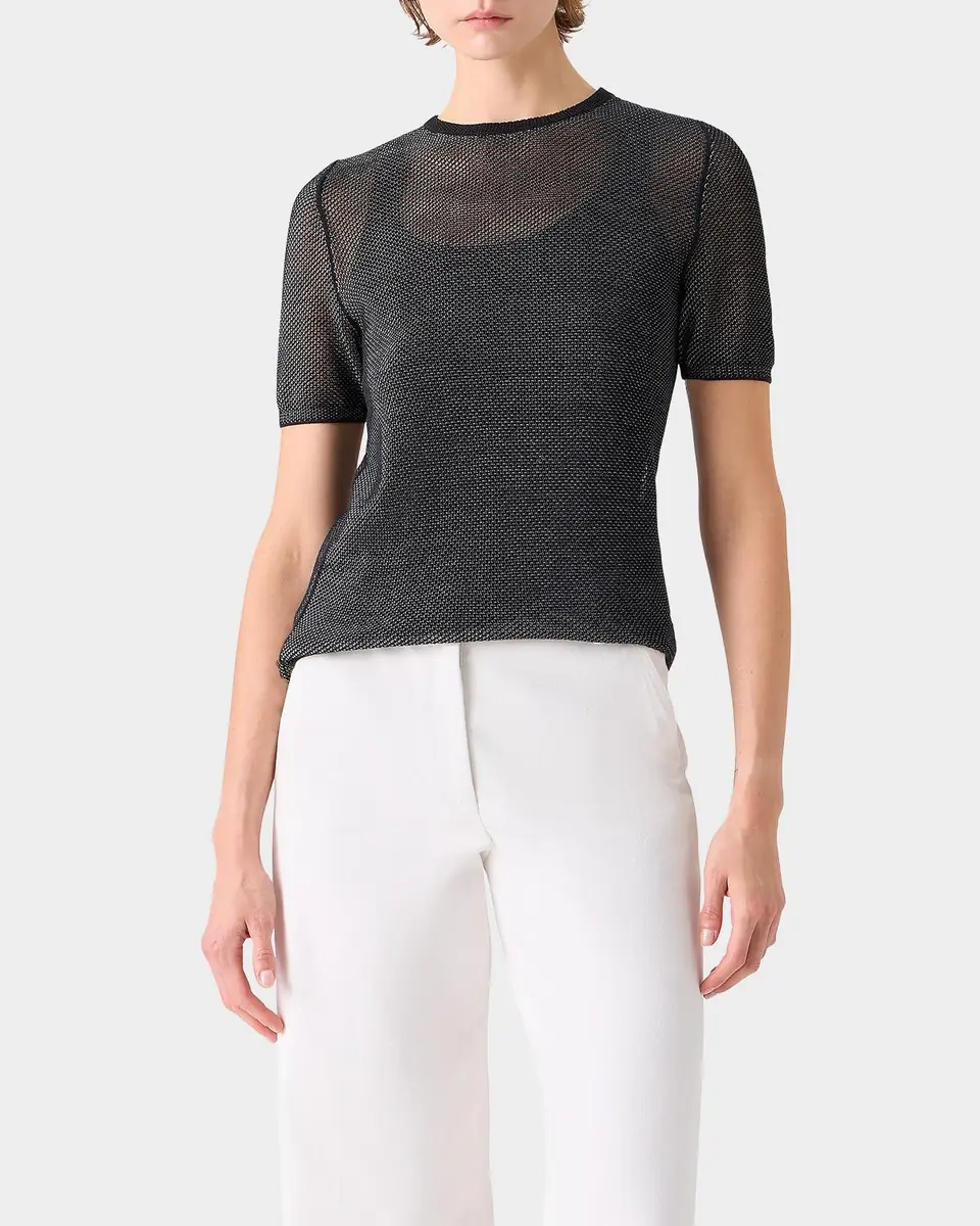 Akris Two-Tone Silk Grif Knit Short-Sleeve Sweater | Thumbnail 4 Akris Two-Tone Silk Grif Knit Short-Sleeve Sweater | Thumbnail 4