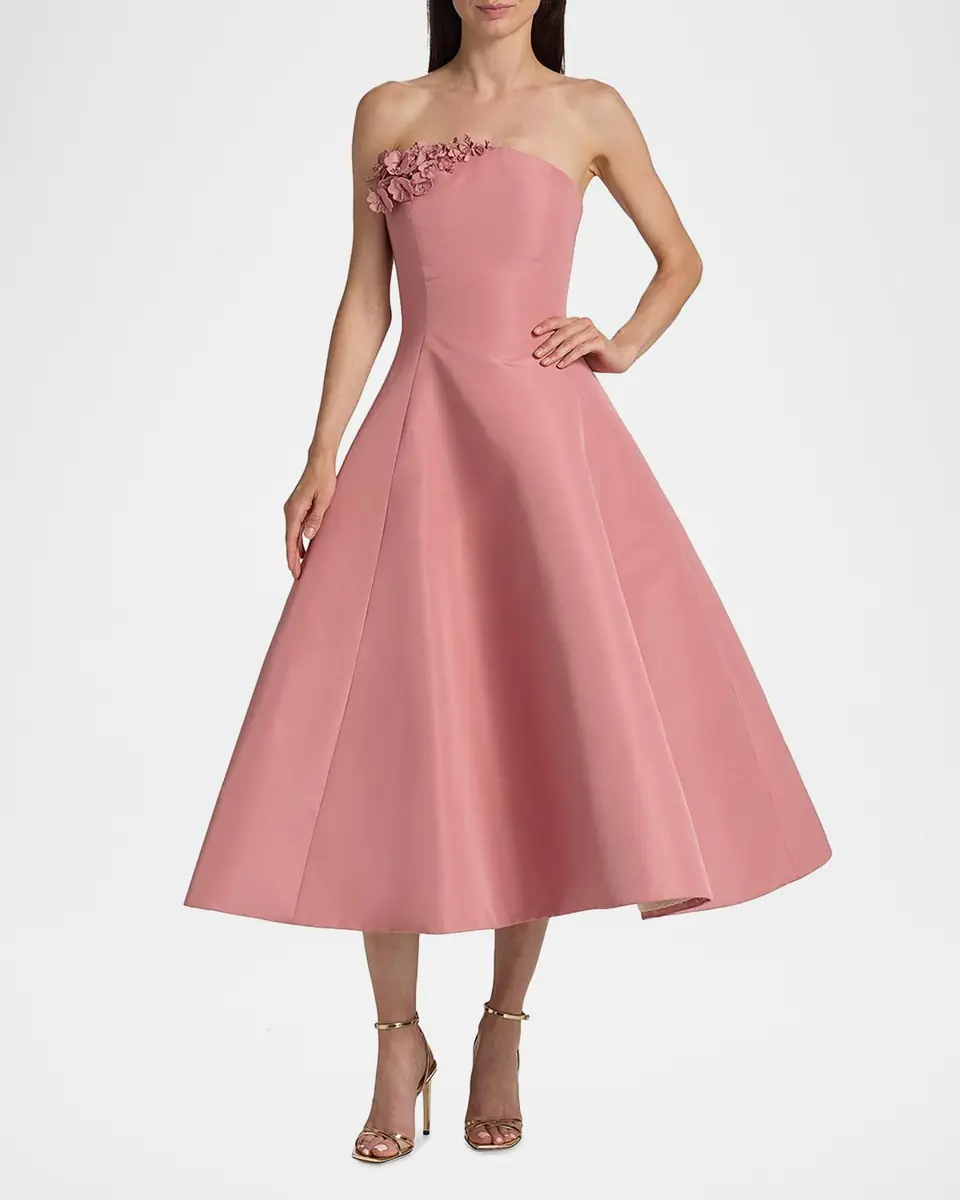 Oscar de la Renta Strapless Flower Applique Faille Midi Cocktail Dress | Thumbnail 2