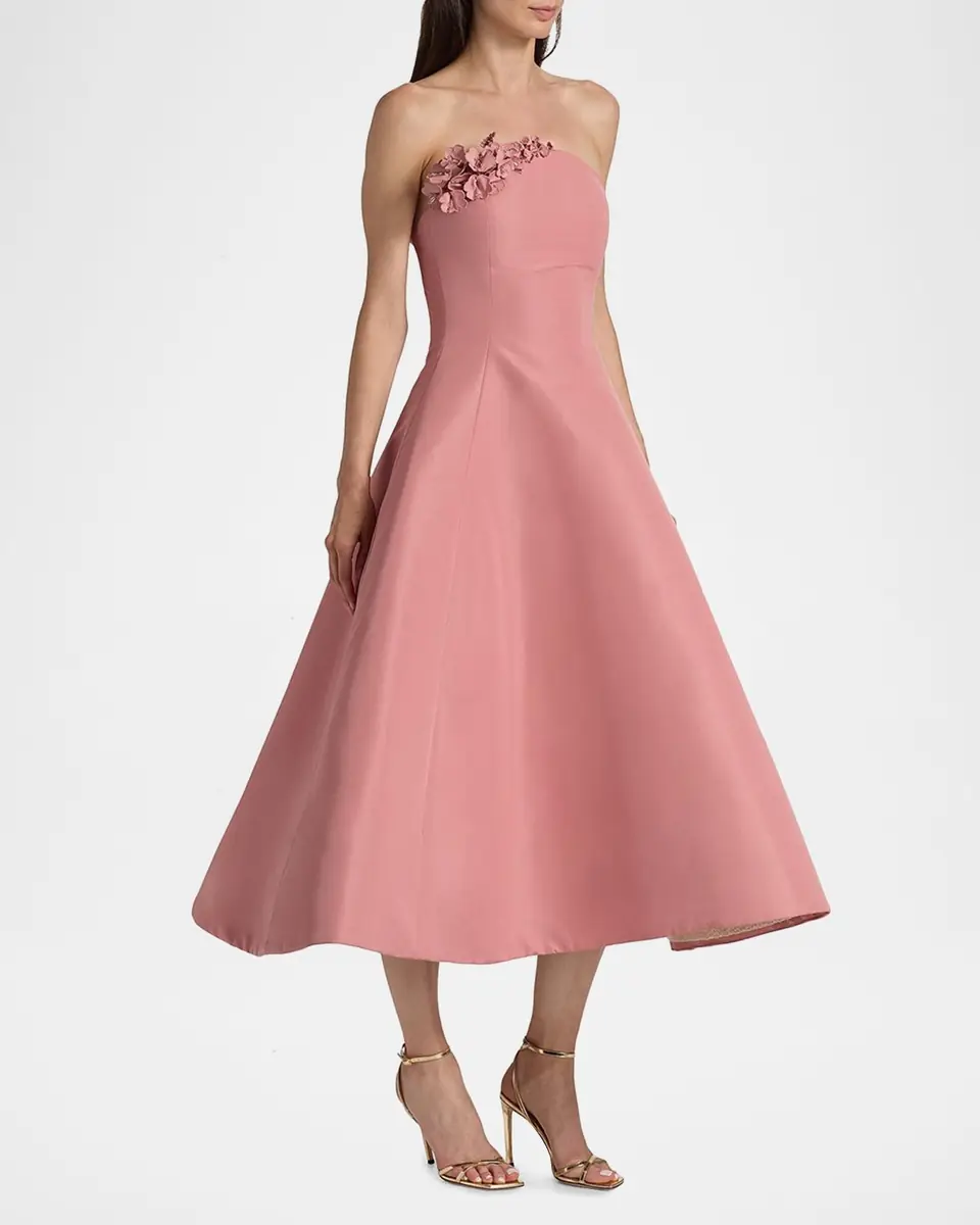Oscar de la Renta Strapless Flower Applique Faille Midi Cocktail Dress | Thumbnail 4