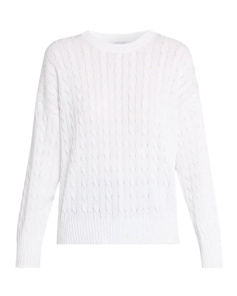 Brunello Cucinelli Cotton Paillette Cable-Knit Crewneck Sweater | Image 1 Brunello Cucinelli Cotton Paillette Cable-Knit Crewneck Sweater | Image 1