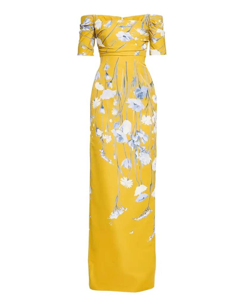 Lela Rose Floral Faille Off-The-Shoulder Column Gown | Image 1 Lela Rose Floral Faille Off-The-Shoulder Column Gown | Image 1
