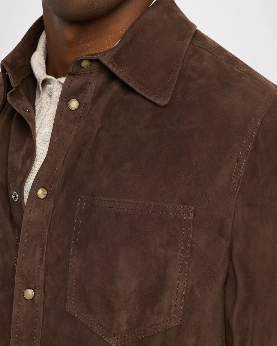 Brunello Cucinelli en's Leather Snap-Front Shirt with Pocket | Thumbnail 9 Brunello Cucinelli en's Leather Snap-Front Shirt with Pocket | Thumbnail 9