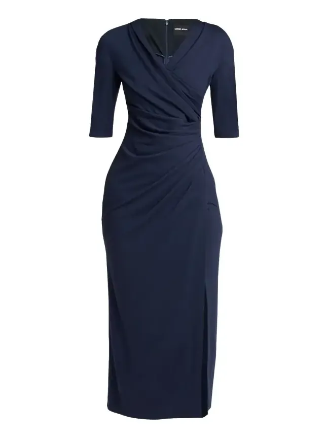 Elbow-Sleeve Draped Slit Midi Dress