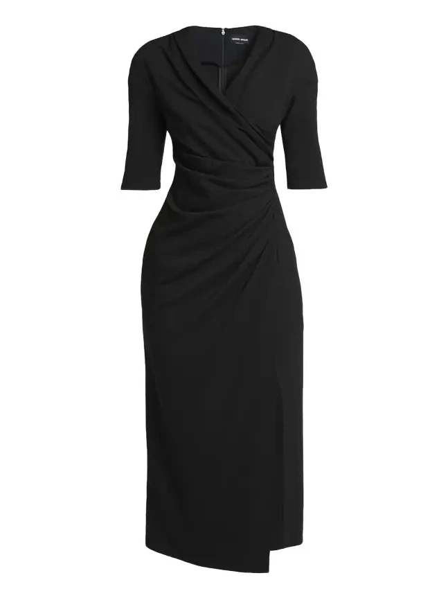 Elbow-Sleeve Draped Crepe Slit Midi Dress
