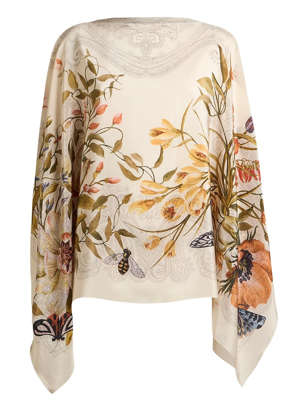Floral-Print Silk Poncho Top Floral-Print Silk Poncho Top