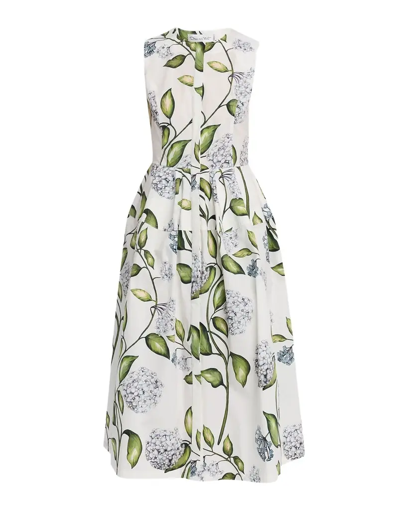 Oscar de la Renta Sleeveless Porcelain Flower Cotton Midi Dress | Image 1 Oscar de la Renta Sleeveless Porcelain Flower Cotton Midi Dress | Image 1