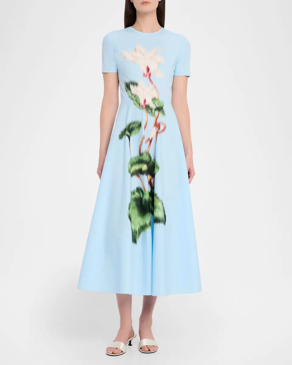 Oscar de la Renta Short-Sleeve Chine Cyclamen Cotton Poplin Midi Dress | Thumbnail 2