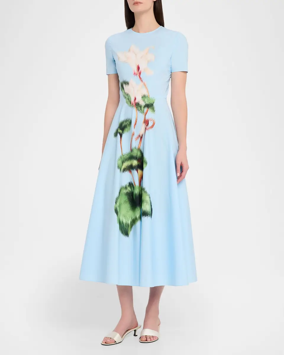 Oscar de la Renta Short-Sleeve Chine Cyclamen Cotton Poplin Midi Dress | Thumbnail 4