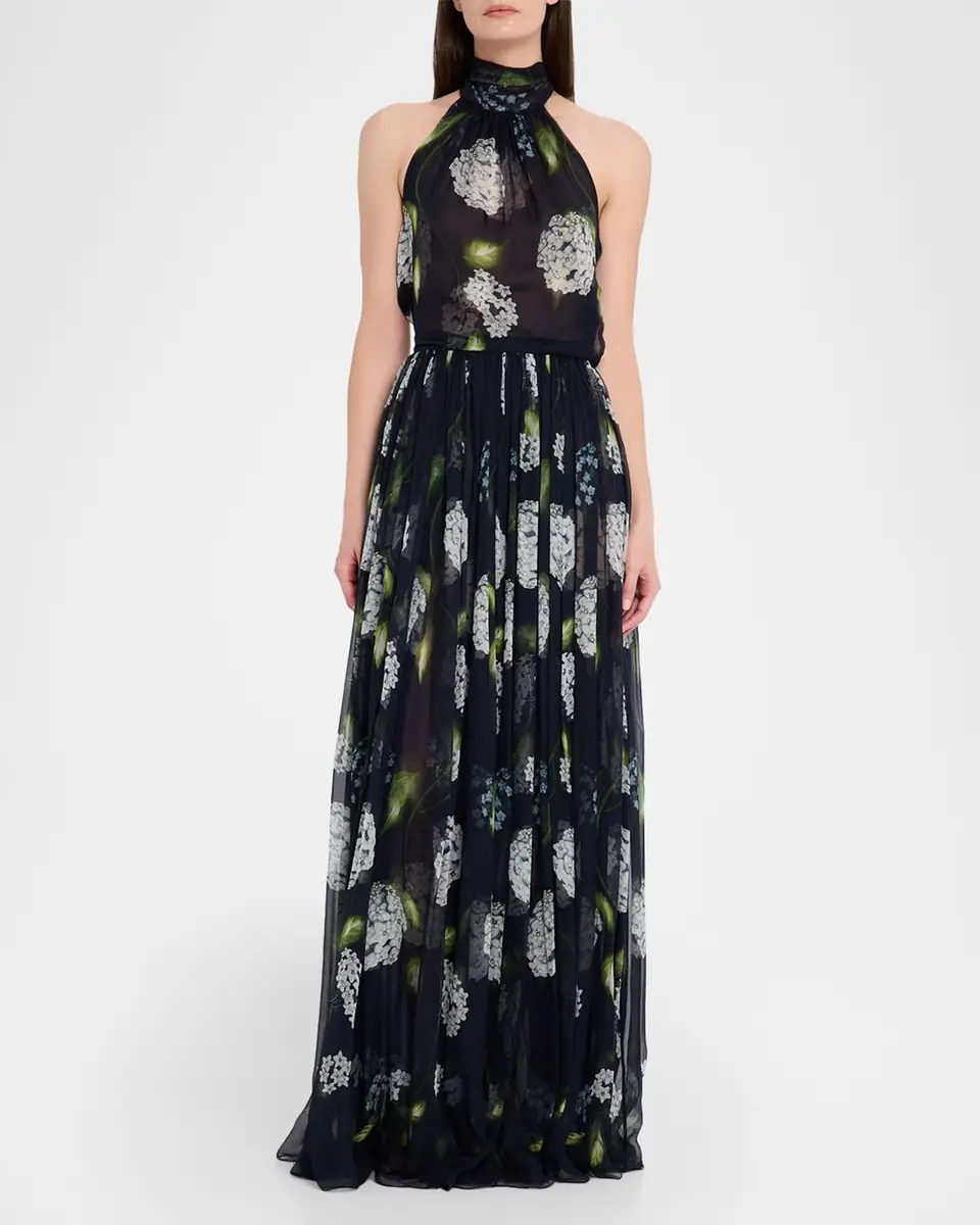 Oscar de la Renta Porcelain Flower Chiffon Halter Maxi Dress | Thumbnail 2 Oscar de la Renta Porcelain Flower Chiffon Halter Maxi Dress | Thumbnail 2