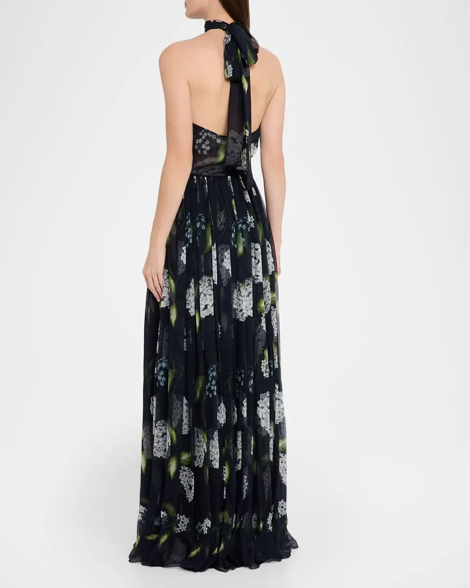 Oscar de la Renta Porcelain Flower Chiffon Halter Maxi Dress | Thumbnail 3 Oscar de la Renta Porcelain Flower Chiffon Halter Maxi Dress | Thumbnail 3