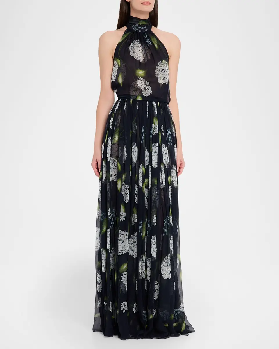 Oscar de la Renta Porcelain Flower Chiffon Halter Maxi Dress | Thumbnail 4 Oscar de la Renta Porcelain Flower Chiffon Halter Maxi Dress | Thumbnail 4
