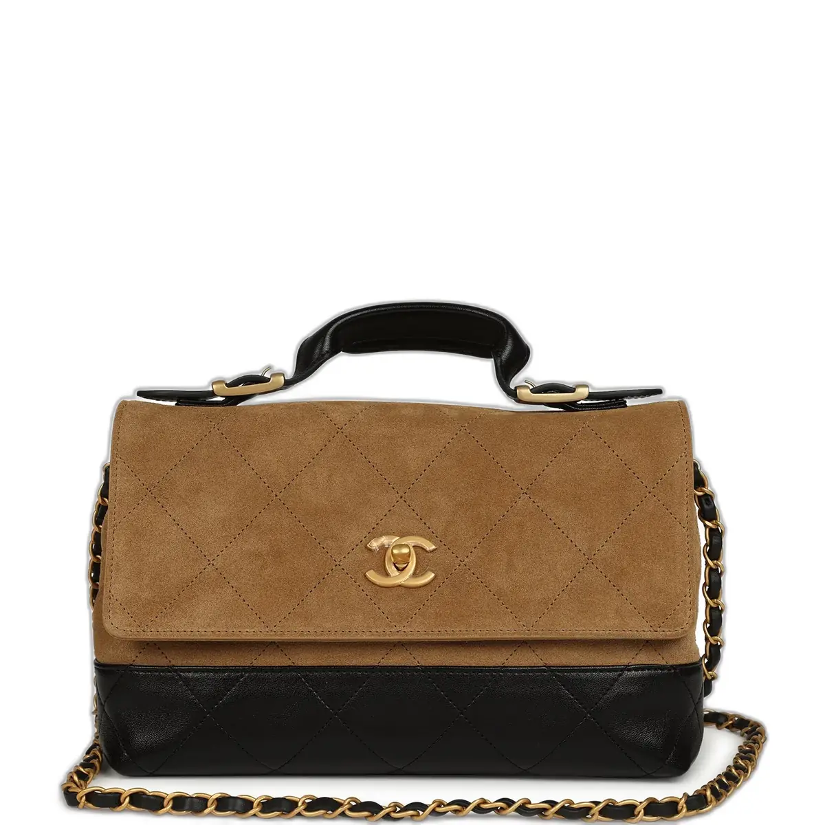 Chanel Chanel Coco Base Top Handle Flap Bag Brown Suede and Black Shiny Lambskin Brushed Gold Hardware | Image 1 Chanel Chanel Coco Base Top Handle Flap Bag Brown Suede and Black Shiny Lambskin Brushed Gold Hardware | Image 1