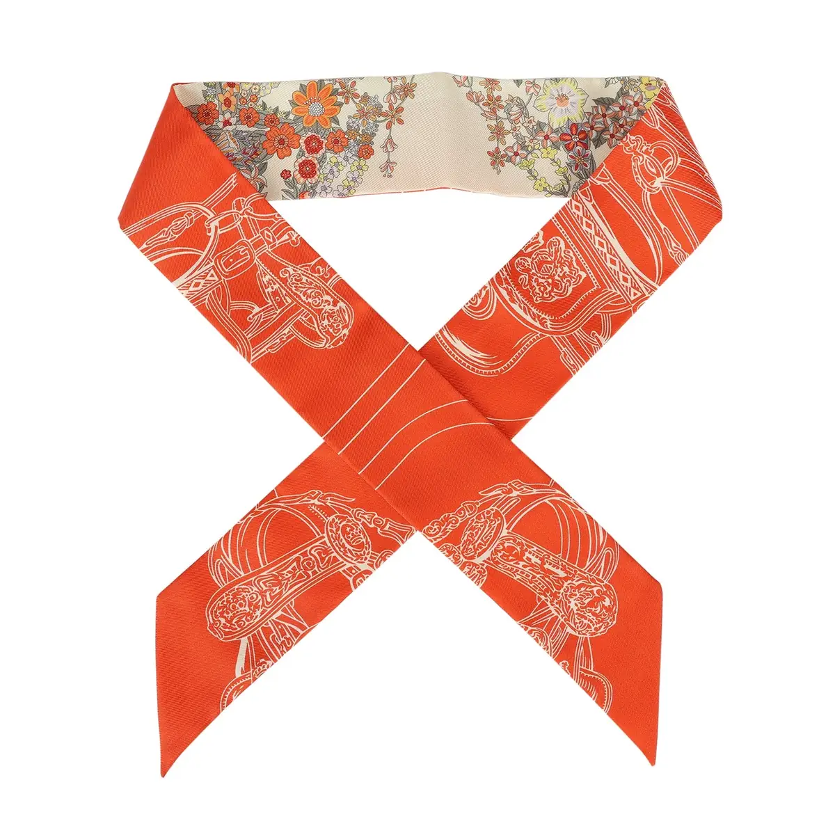 HERMÈS Hermes "Brides de Gala En Fleur" Vanille, Orange and Kaki Multi Silk Twilly Pair | Image 1 HERMÈS Hermes "Brides de Gala En Fleur" Vanille, Orange and Kaki Multi Silk Twilly Pair | Image 1