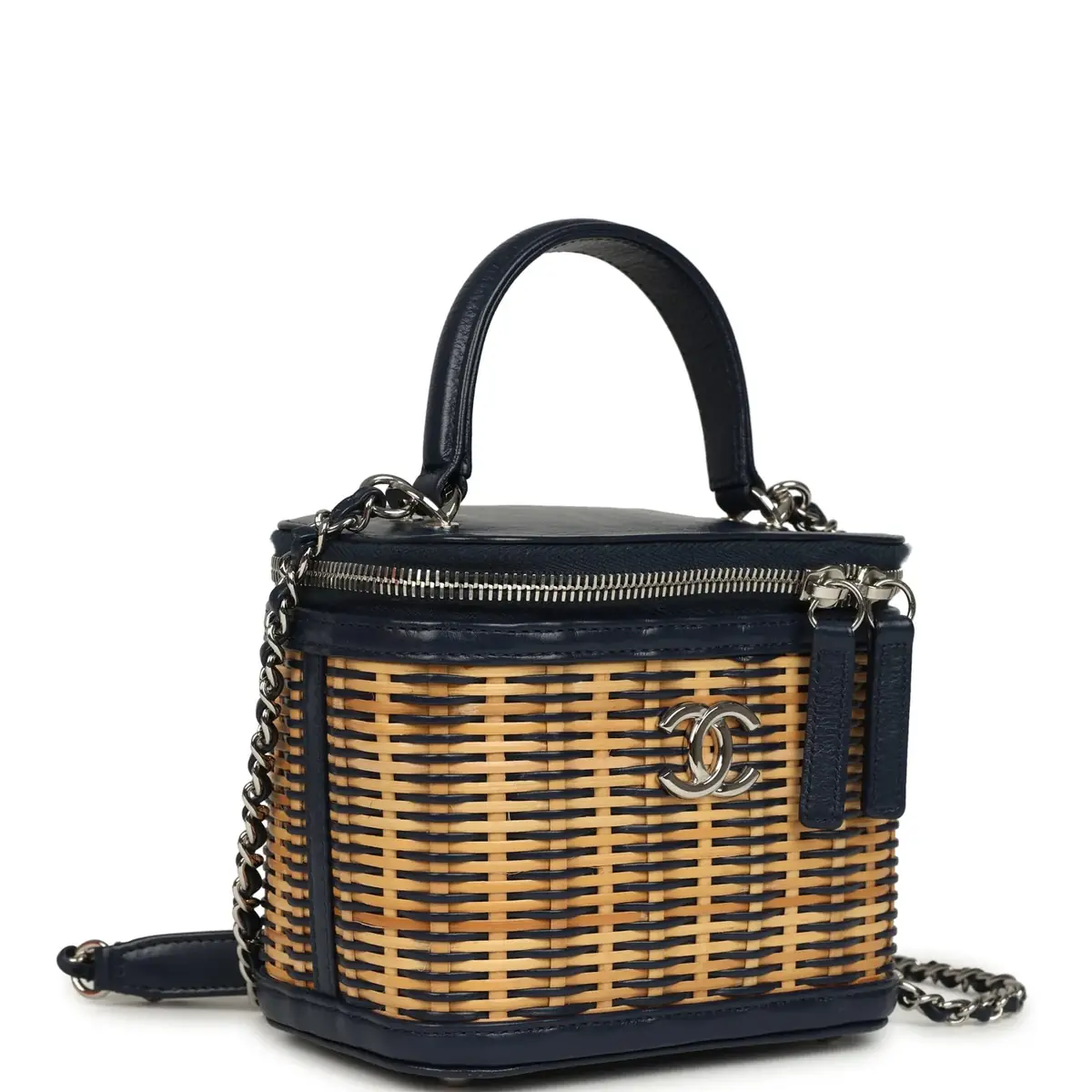 Chanel Pre-owned Chanel Small Top Handle Vanity Case Beige Raffia and Navy Calfskin Silver Hardware | Thumbnail 2 Chanel Pre-owned Chanel Small Top Handle Vanity Case Beige Raffia and Navy Calfskin Silver Hardware | Thumbnail 2
