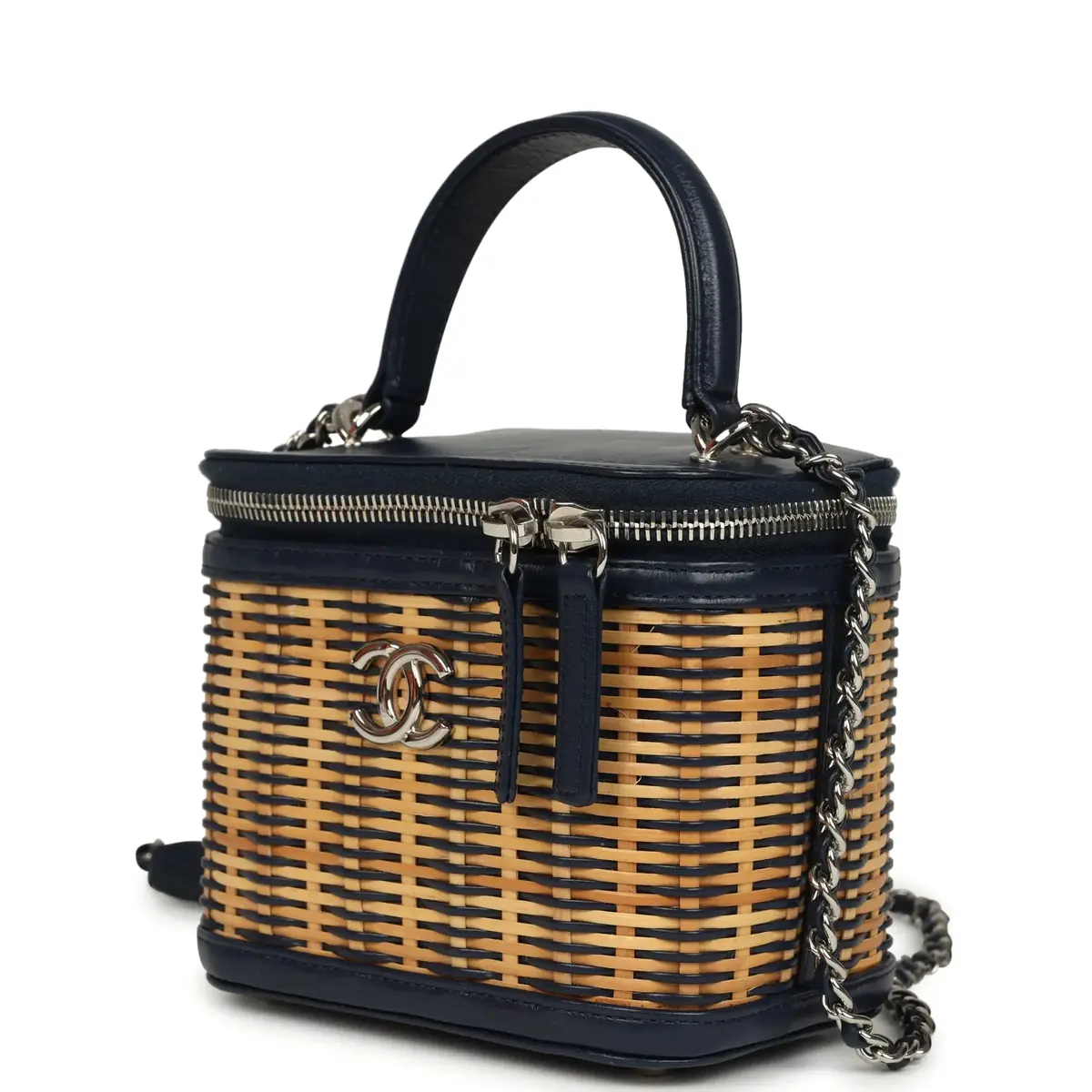 Chanel Pre-owned Chanel Small Top Handle Vanity Case Beige Raffia and Navy Calfskin Silver Hardware | Thumbnail 3 Chanel Pre-owned Chanel Small Top Handle Vanity Case Beige Raffia and Navy Calfskin Silver Hardware | Thumbnail 3