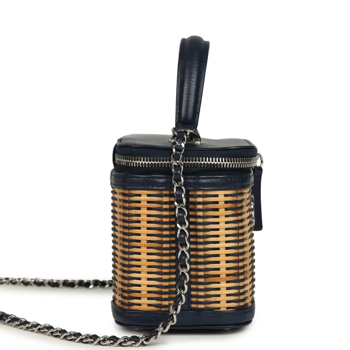 Chanel Pre-owned Chanel Small Top Handle Vanity Case Beige Raffia and Navy Calfskin Silver Hardware | Thumbnail 4 Chanel Pre-owned Chanel Small Top Handle Vanity Case Beige Raffia and Navy Calfskin Silver Hardware | Thumbnail 4