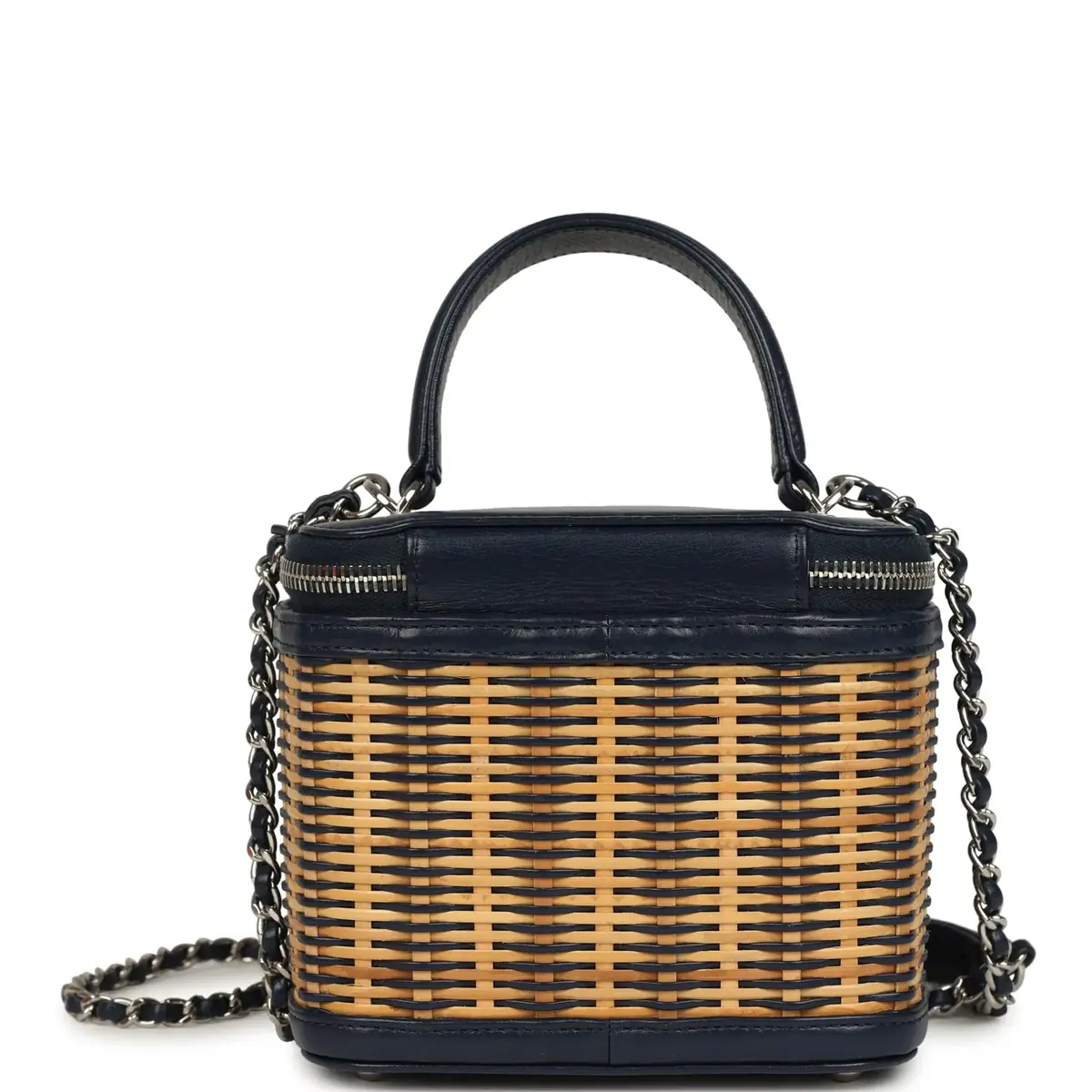Chanel Pre-owned Chanel Small Top Handle Vanity Case Beige Raffia and Navy Calfskin Silver Hardware | Thumbnail 5 Chanel Pre-owned Chanel Small Top Handle Vanity Case Beige Raffia and Navy Calfskin Silver Hardware | Thumbnail 5