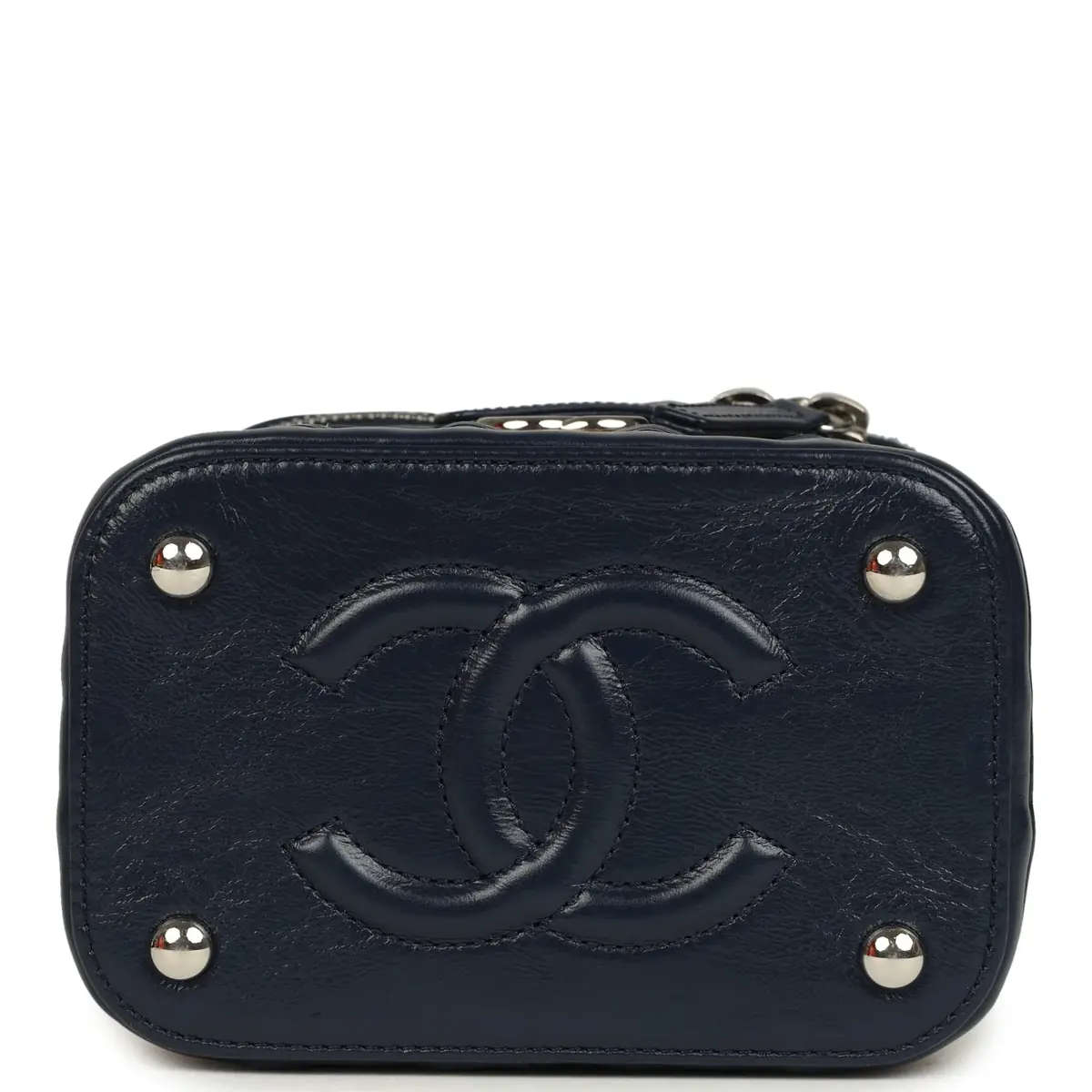 Chanel Pre-owned Chanel Small Top Handle Vanity Case Beige Raffia and Navy Calfskin Silver Hardware | Thumbnail 6 Chanel Pre-owned Chanel Small Top Handle Vanity Case Beige Raffia and Navy Calfskin Silver Hardware | Thumbnail 6