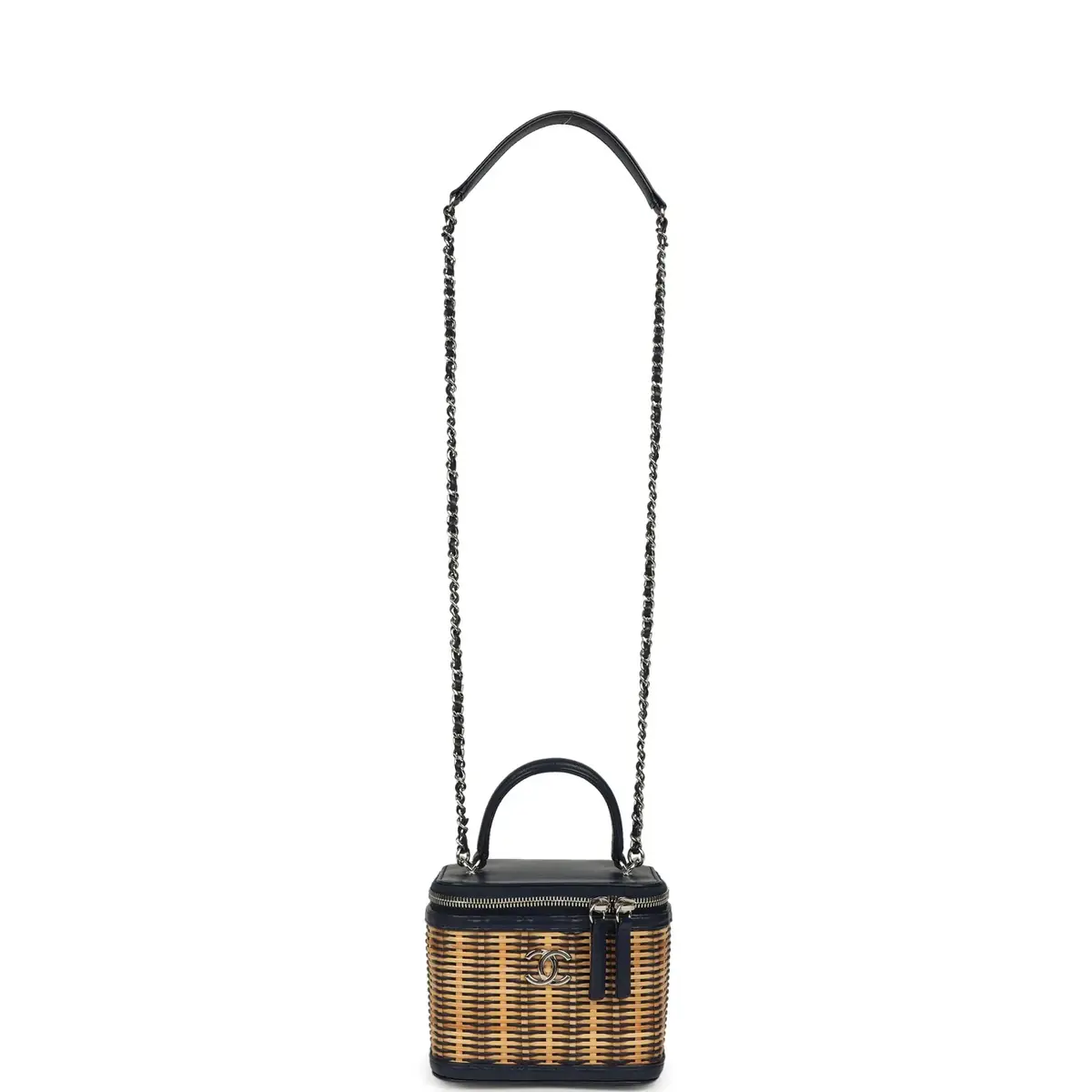 Chanel Pre-owned Chanel Small Top Handle Vanity Case Beige Raffia and Navy Calfskin Silver Hardware | Thumbnail 7 Chanel Pre-owned Chanel Small Top Handle Vanity Case Beige Raffia and Navy Calfskin Silver Hardware | Thumbnail 7
