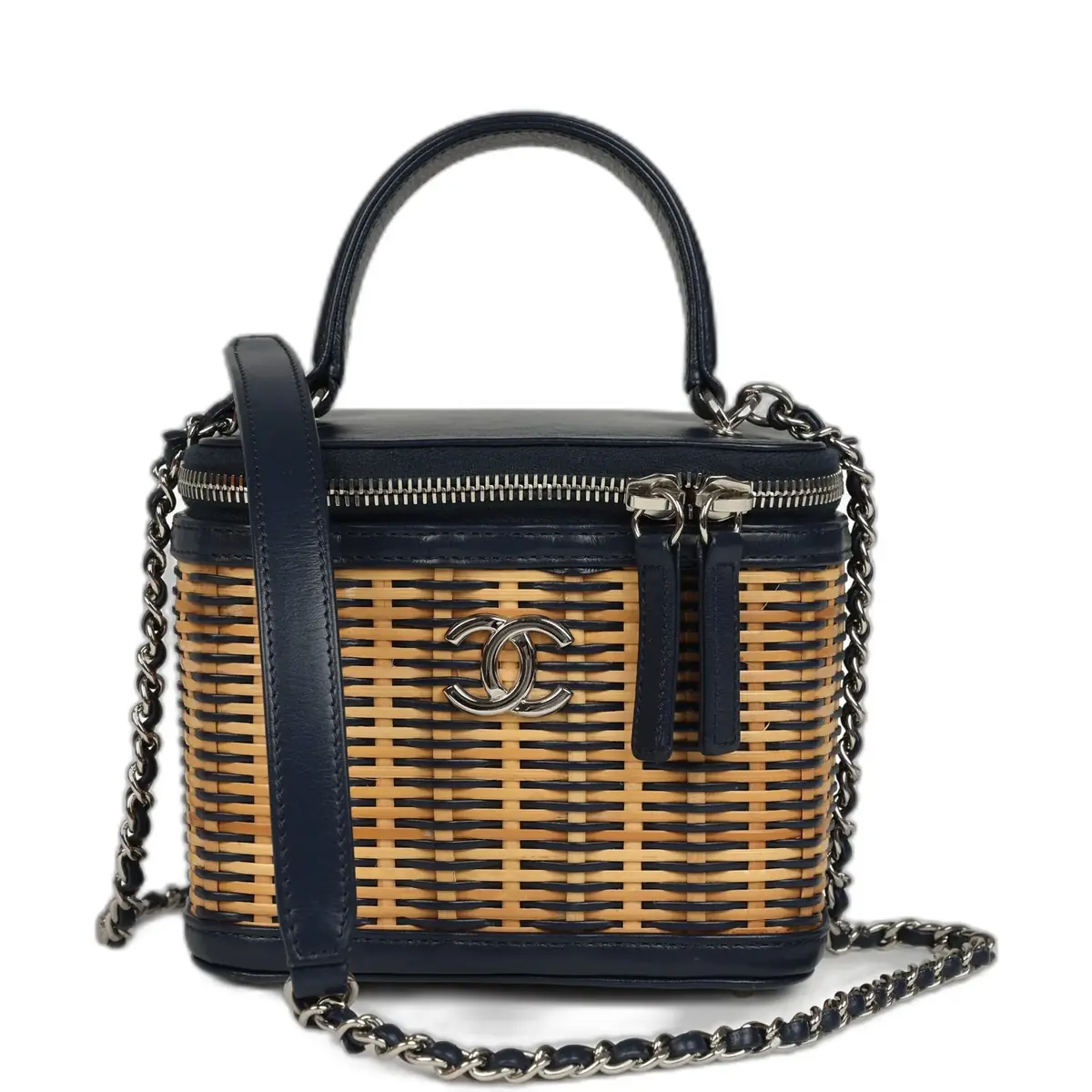 Pre-owned Chanel Small Top Handle Vanity Case Beige Raffia and Navy Calfskin Silver Hardware