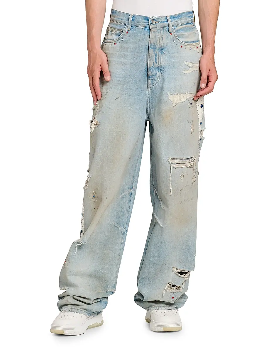 AMIRI Men's Bones Studded Distressed Baggy Jeans | Thumbnail 3 AMIRI Men's Bones Studded Distressed Baggy Jeans | Thumbnail 3