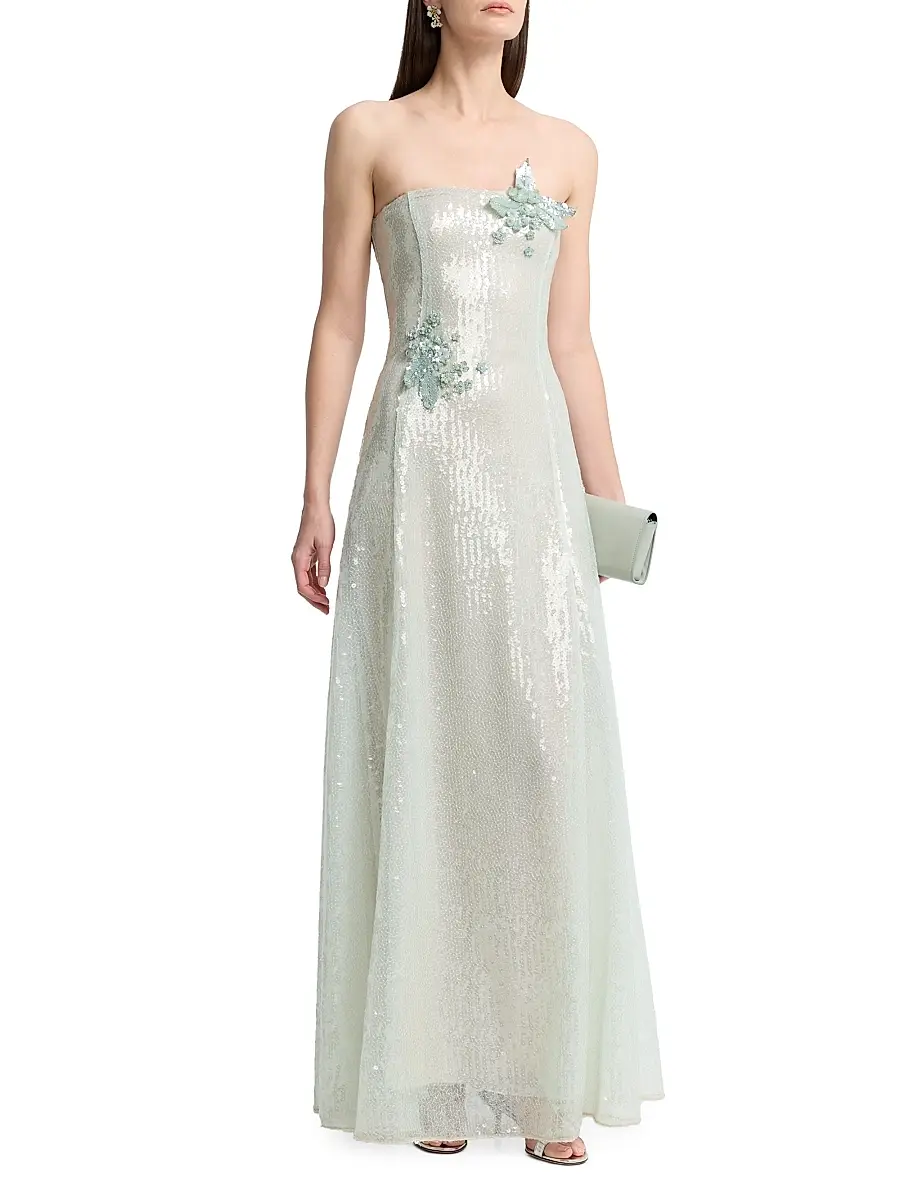 Oscar de la Renta Women's Appliqué Sequined Strapless Gown - Frosted Mint | Thumbnail 3 Oscar de la Renta Women's Appliqué Sequined Strapless Gown - Frosted Mint | Thumbnail 3