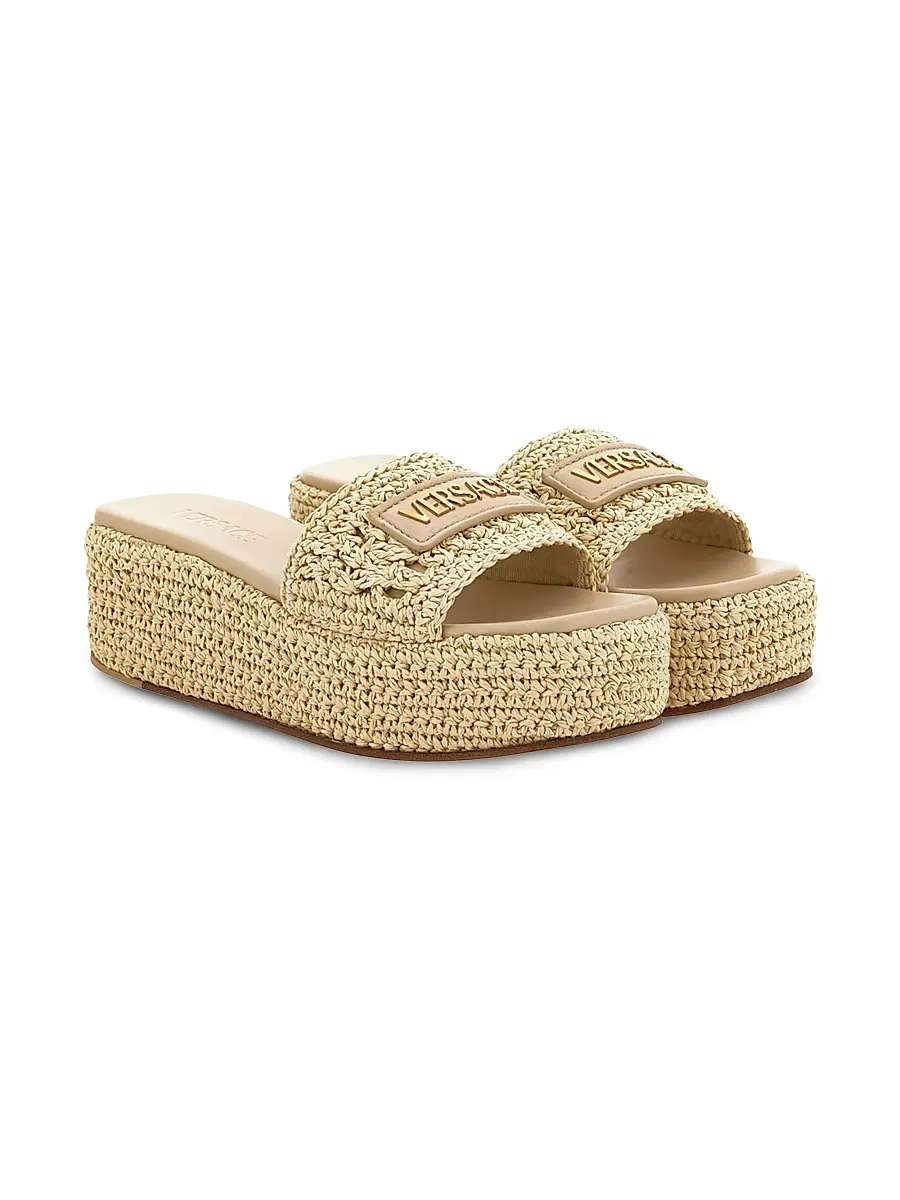 Versace Women's 55MM Leather Espadrille Mules - Natural Ambrer Gold | Image 1 Versace Women's 55MM Leather Espadrille Mules - Natural Ambrer Gold | Image 1