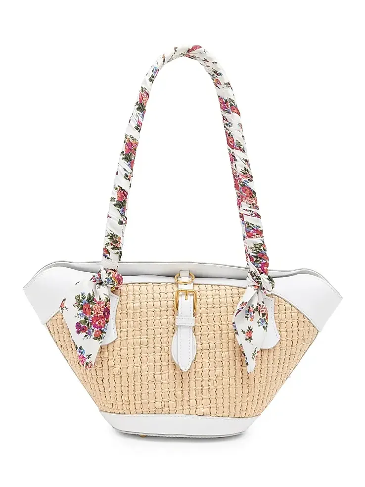 Women's Floral & Contrast-Trimmed Woven Raffia Shoulder Bag