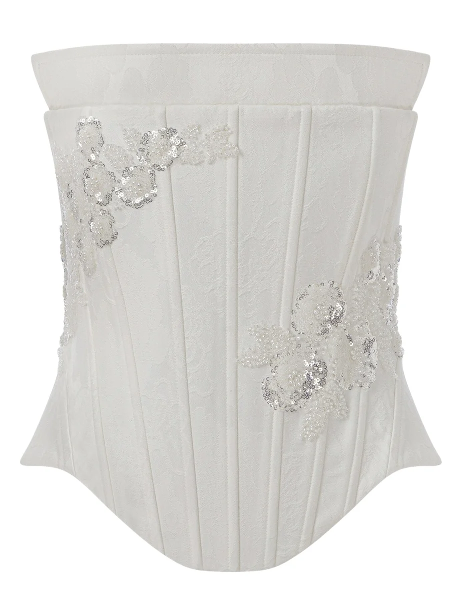 ILA THE BRAND Glynn Jacquard Lace-Up Corset With Hand-Crafted Appliqué Detailing
