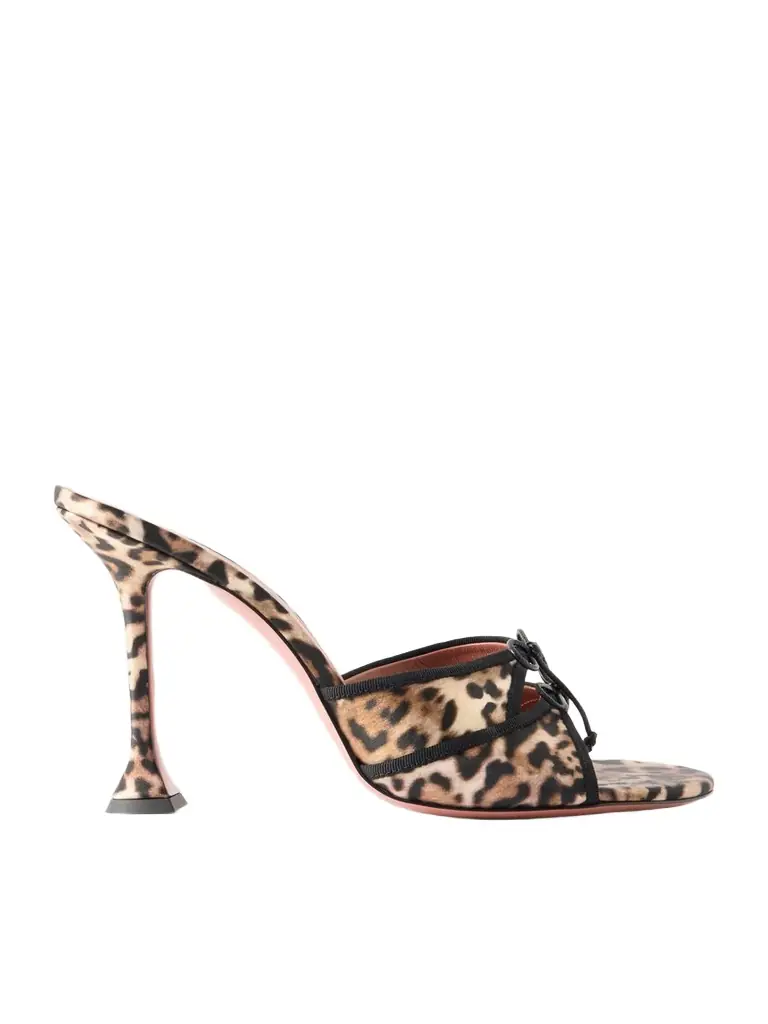 Amina Muaddi Eleonora Bow-detailed Leopard-print Satin Mules | Image 1 Amina Muaddi Eleonora Bow-detailed Leopard-print Satin Mules | Image 1